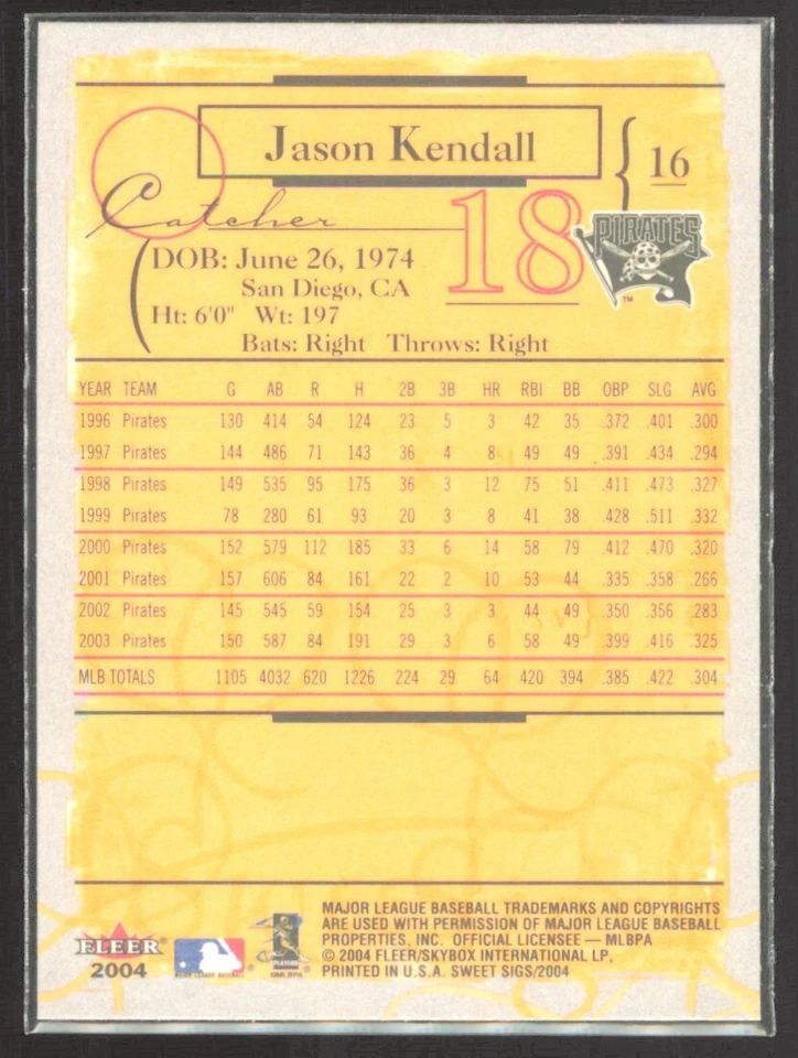 2004 Fleer Sweet Sigs Jason Kendall Pittsburgh Pirates #16 - Image 2 of 2