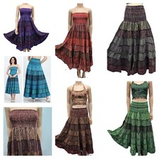 Cotton Long Skirt Dress Tiered Stonewash Full Smocked One Size 6 8 10 12 14