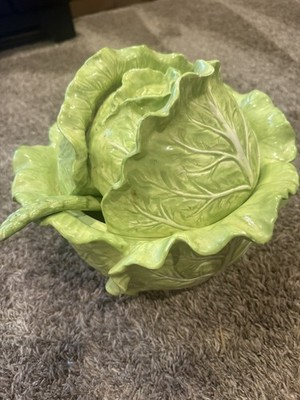 Green Ceramic Lettuce Cabbageware Serving Tureen w Lid, Ladle, ff 1988 3 qt bowl