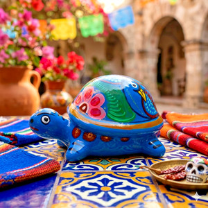 Talavera Turtle Mexican Folk Art Pottery Trinket Box Blue Hand Painted Peacock