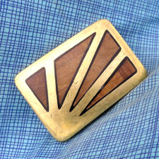 Hippie Sunrise Dress Belt Buckle Wood Inlay Boho Coastal Vtg 70s Brass  .GMP479