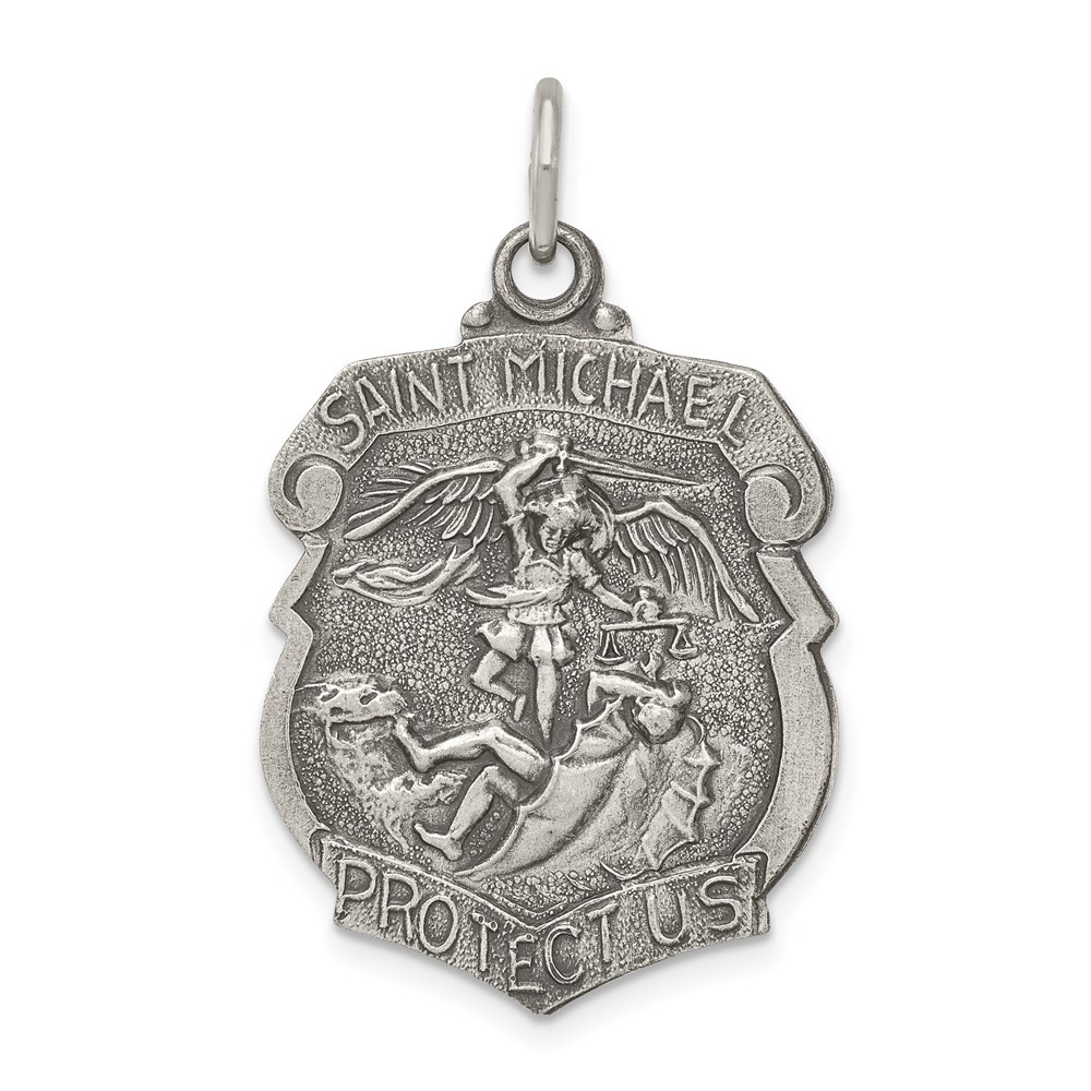 Sterling Silver Antiqued St. Michael Badge Medal Pendant 3.83gm L-31 mm, W-21 mm