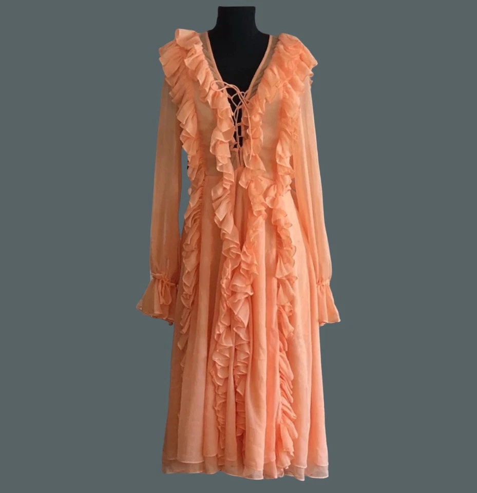 Vtg REVE de PARIS French Romance Organza Ruffle Midi Tangerine Dress lace up M - Image 2 of 4
