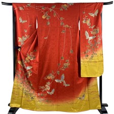 JAPANESE KIMONO FURISODE Red 166cm 5 ft 5 in PURE SILK AA9749