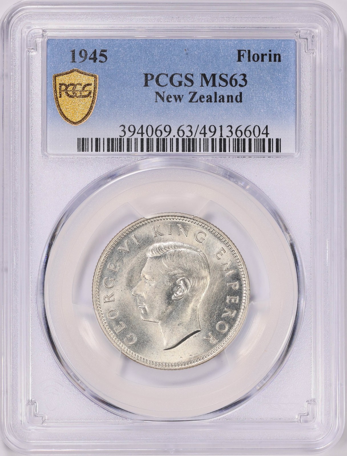 New Zealand, 1945 George VI Florin. PCGS MS 63. 515,000 Mintage.