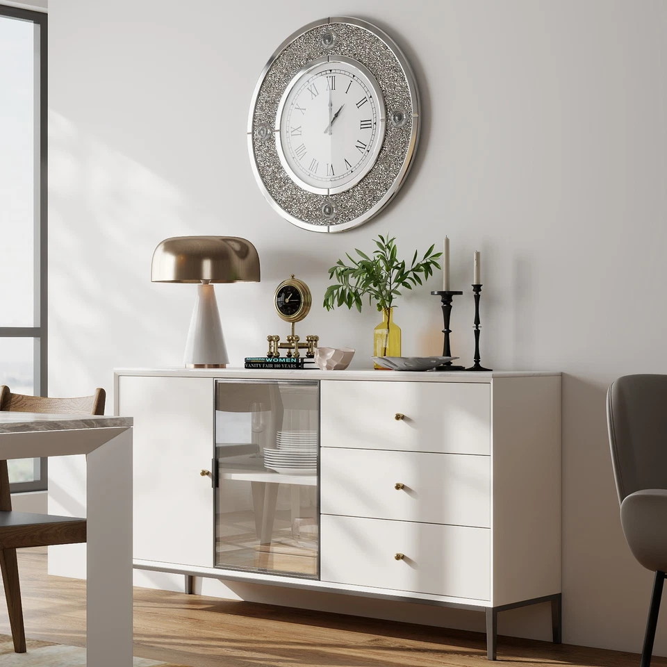 Reloj de Pared 24"" Grande Plateado Redondo Espejado Decorativo Diamante Triturado Decoración del Hogar Foto 4 de 4