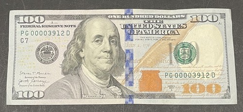 2017A Series $100 Dollar Bill Low Serial Number Fancy ~ PG00003912D ~ Rare! - Picture 2 of 3