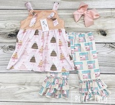 PETE LUCY Girls Cake Print Tunic Ruffle Bow Set Pink Beige Blue 7/8 girls