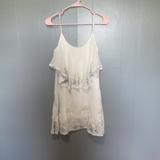 Free People White Ruffle Cami Dress with Blue Embroidery  and Beading XS
