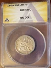 1869 25C Liberty Seated Quarter ANACS AU55 - only 16,000 were minted