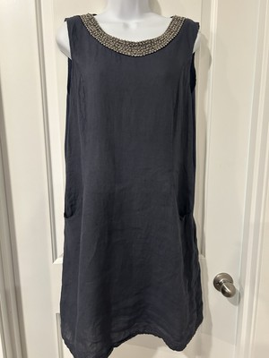 Lina Tomei Navy Blue Linen Shift Dress Sz XL Pewter Beaded