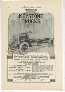 1920 Keystone Motor Truck Co. of Philadelphia Ad: Two Ton Model Specs & Prices