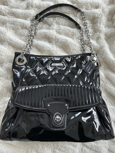 Coach Poppy Liquid Glass Quilted Patent Leather Shoulder Bag Chain
