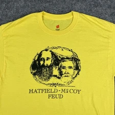Hanes T-Shirt Mens Size L Yellow Hatfield McCoy Feud Graphic Historic Tee