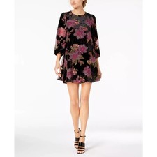 Calvin Klein Womens Black Floral Burnout Velvet Shift puff sleeves Dress 4