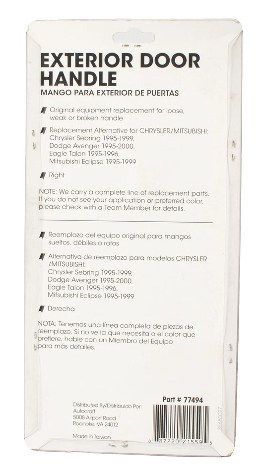 Autocraft Front Passenger Exterior Door Handle Fits 95-99 Chrysler Sebring 77494 Foto 4 de 4