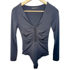 Abercrombie Fitch Soft AF Black V-Neck Ruched Long Sleeve Bodysuit Womens Sz S