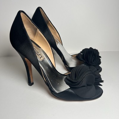 Badgley Mischka Black D'Orsay Peep Toe Satin Stiletto Heels Flower US 6.5/ EU 36