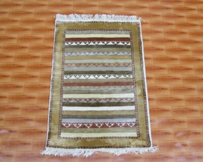 2x3 Hand Knotted Carpet Striped Design Silk Rugs Living room Door Mat Turkish