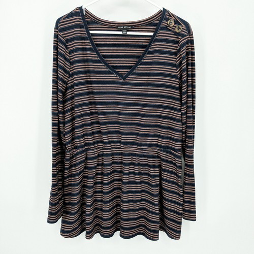 Lane Bryant V-Neck Long Sleeve Peplum Hem Top Metallic Stripe Navy Women's 14/16