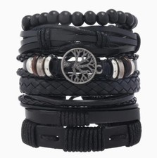 6 pcs Mens Black Punk Leather  Braided Bracelet Bangle Multi Row Layer Wristband