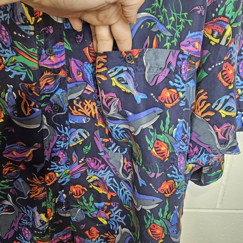 Vintage Snow 100% Silk Men’s Shirt Size XL Party Colourful Sea Animals Fish - Picture 5 of 12