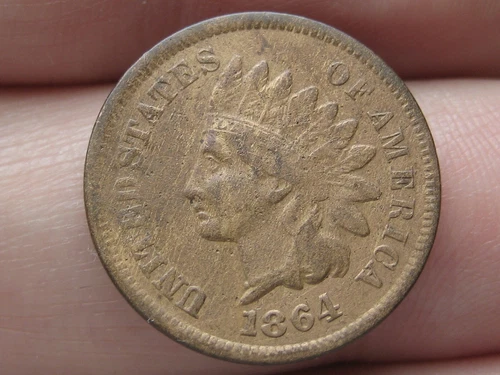 1864 L Indian Head Cent- With L Visible, Pointed Bust, Fine/VF Details
