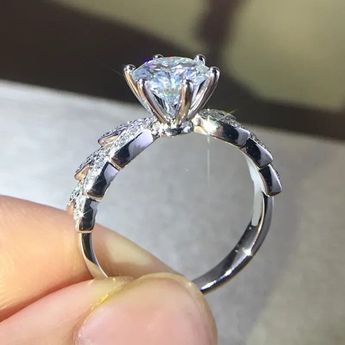 14K White Gold Plated Round Lab-Created Diamond Women's Wedding Engagement Ring - Picture 4 of 5