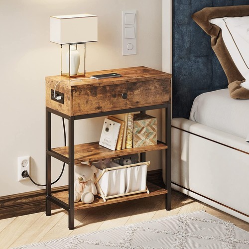 3 Tier Nightstand Narrow Side Table Wood Sofa End Table w/Charging Station & USB - Picture 3 of 8