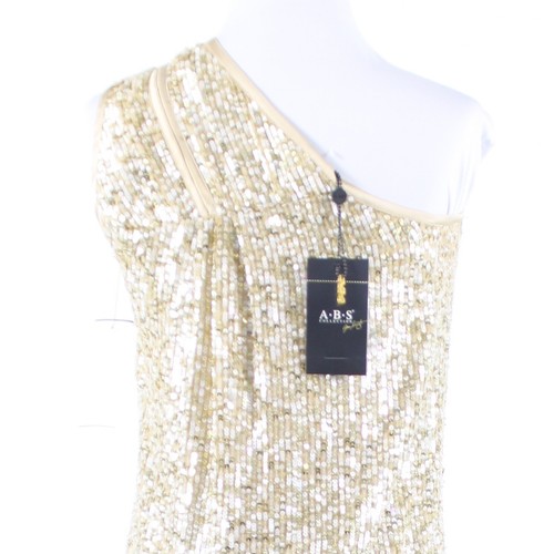 Beige gold clear sequin ABS Collection one shoulder dress 2 NWT $420 - Picture 8 of 8