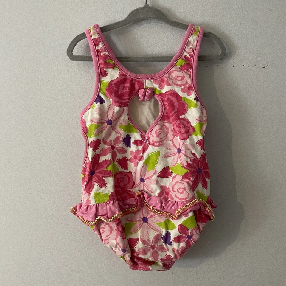 Traje de baño de una pieza con volantes florales rosa Le Top para niñas talla 6 Foto 2 de 4