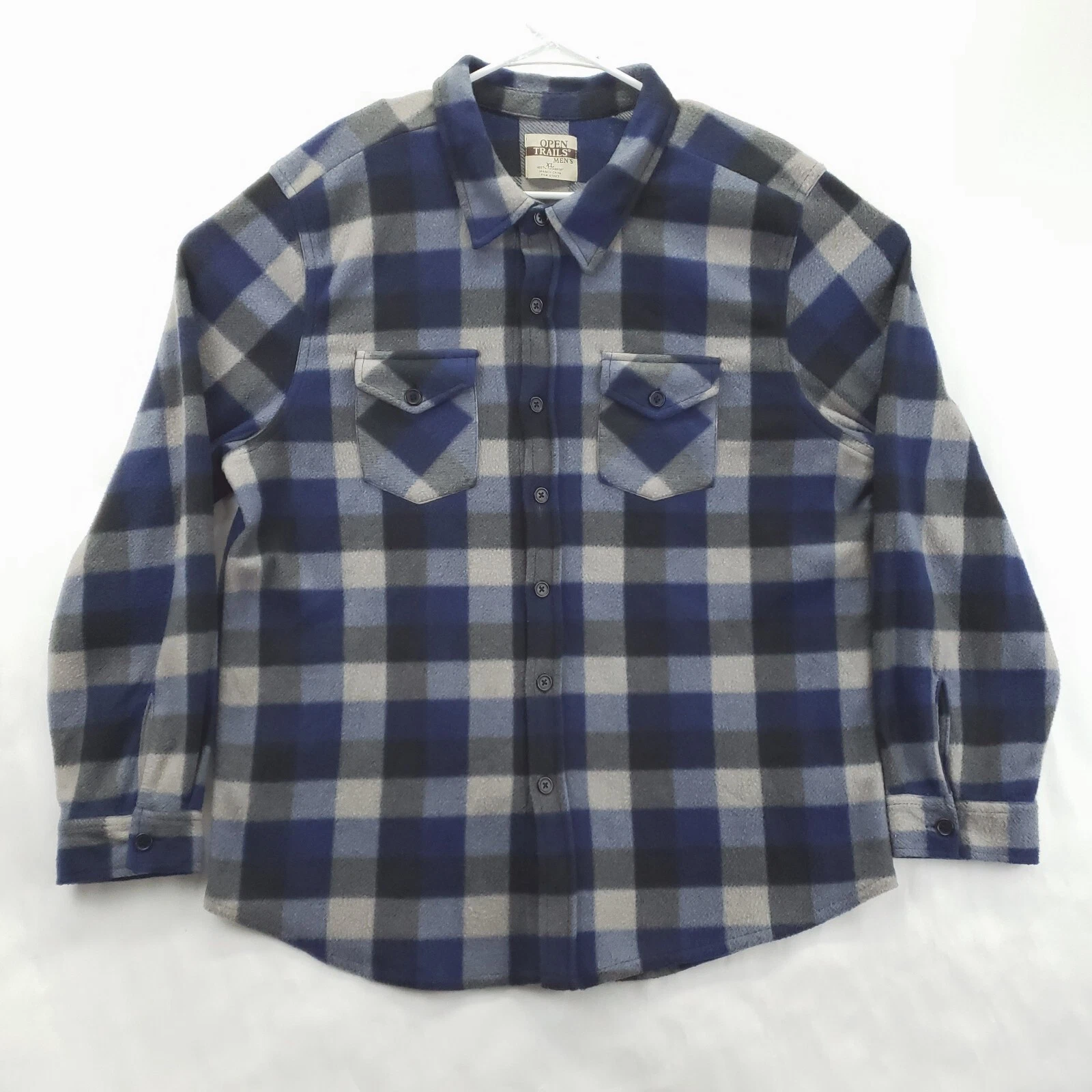 Open Trails Flannel Shirt Mens XL Blue Gray Check Super Soft Pockets Long Sleeve