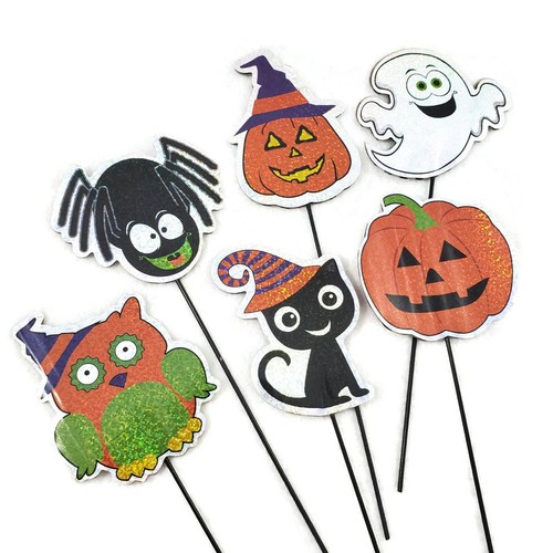 Mini Holographic Halloween Signs Garden Picks Pumpkin Ghost Witch Black Cat Owl - 第 1/12 張圖片