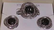 Kims Jeweler Sterling Silver Smoke/Black & White Diamond Spiral Ring&Earring Set