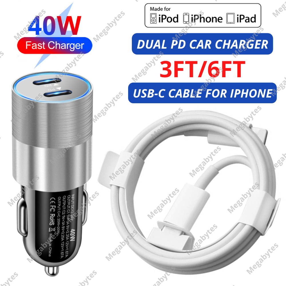 Dual Type C PD Fast 40W Car Charger Adapter Cable For iPhone 13 12 11 Pro  Max XR