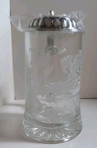 German Beer Stein w/Eagles Design, Pewter Lid Etched W/Eagle, Glass Beer Mug