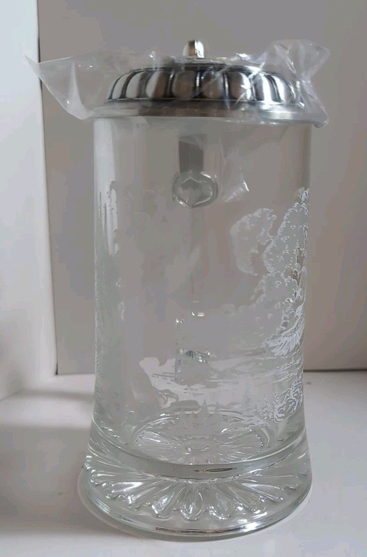 German Beer Stein w/Eagles Design, Pewter Lid Etched W/Eagle, Glass Beer Mug