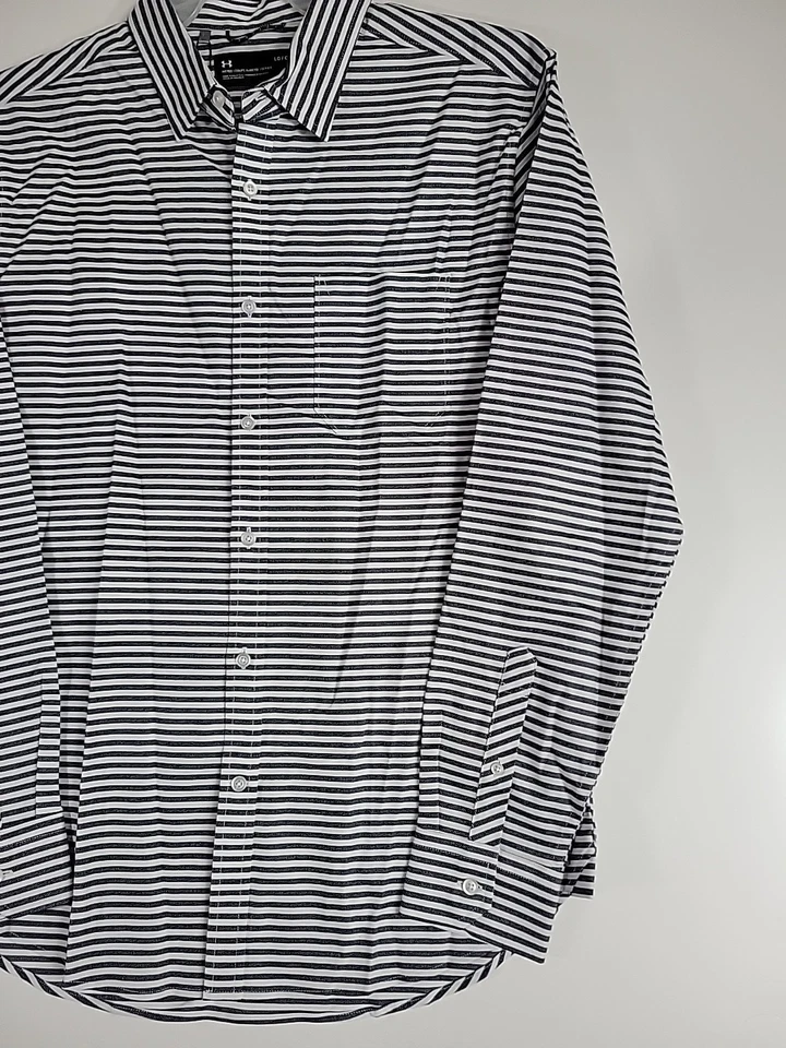NWT Under Armour Gray & White Striped Fitted Button-Down Dress Shirt Men's Large - Image 4 of 4