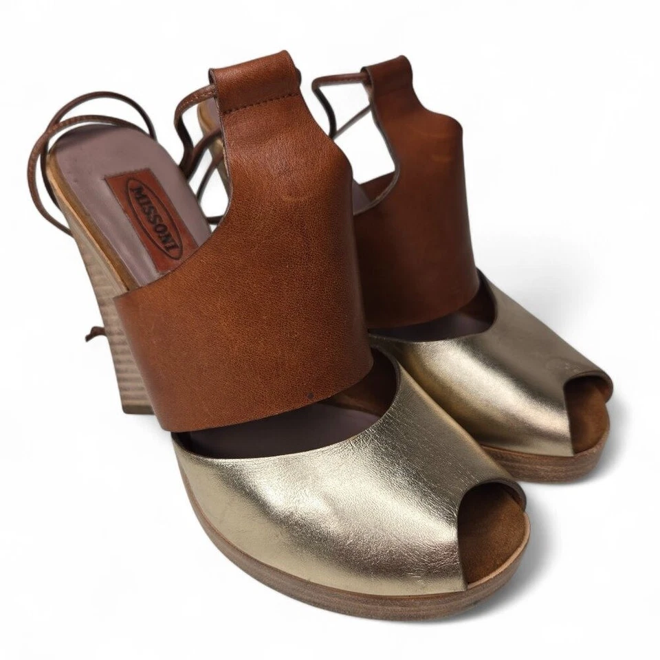 Tacones de madera Missoni metálicos dorados cuadrados para mujer correa ajustada al tobillo noche 9,5 Foto 2 de 4