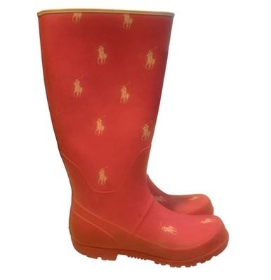 Polo Ralph Lauren Pink Rubber Rain Boots Cream Pony Print Preppy Women's Size 6