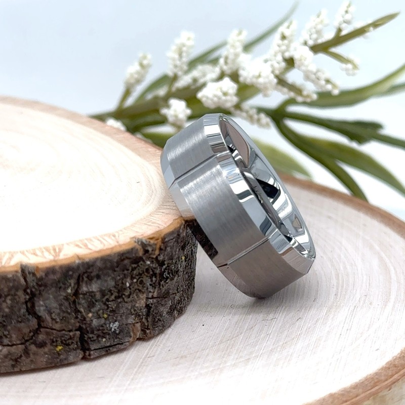 Silver Tungsten Carbide 9mm Ring High polished Geometric Pattern Unisex Band