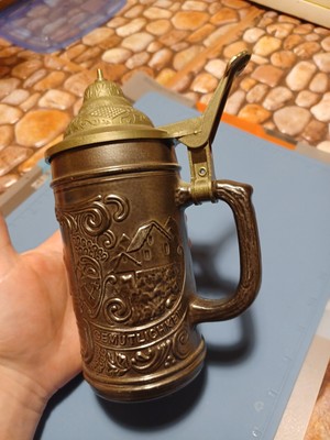 Vintage Glass Beer Stein ''EIN PROSIT DER GEMUTLICHKEIT'' Gun Metal Gray 7.5''