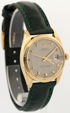Rolex Oyster Perpetual Date 34mm SILVER 14K Yellow Gold Green Leather 1503 Watch 4