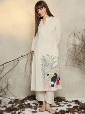 White Embroidered Kurta Women Bird Floral Ethnic Indian Long Casual Kurti
