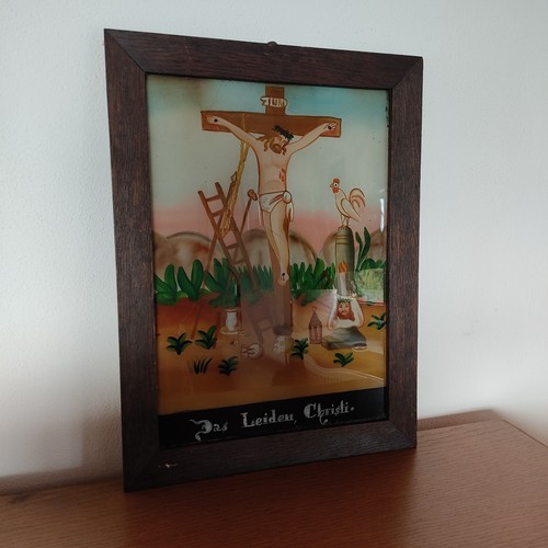 Alte Hinterglasmalerei Jesus am Kreuz Leidenswerkzeuge gerahmt 19.Jhd.? Christi