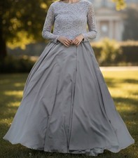 Oleg Cassini Silver Gray Lace and Chiffon Formal Evening Gown- Long SleeveSize 8