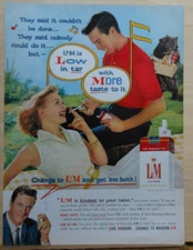 1959 magazine ad for L& M Cigarettes - couple smokes, bear steals picnic basket