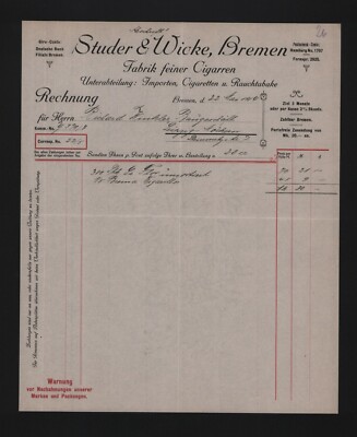 BREMEN, Rechnung 1914, Studer & Wicke Zigarren-Fabrik