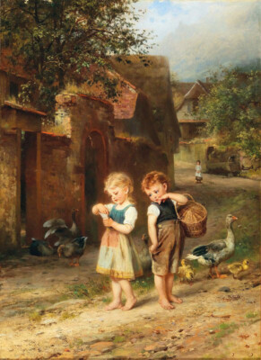 stunning oil painting handpainted on canvas-feed the ducks