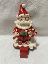 Adorable Faux Dough Santa W/Candy Cane-Heavy Metal Base Stocking Hanger/Holder
